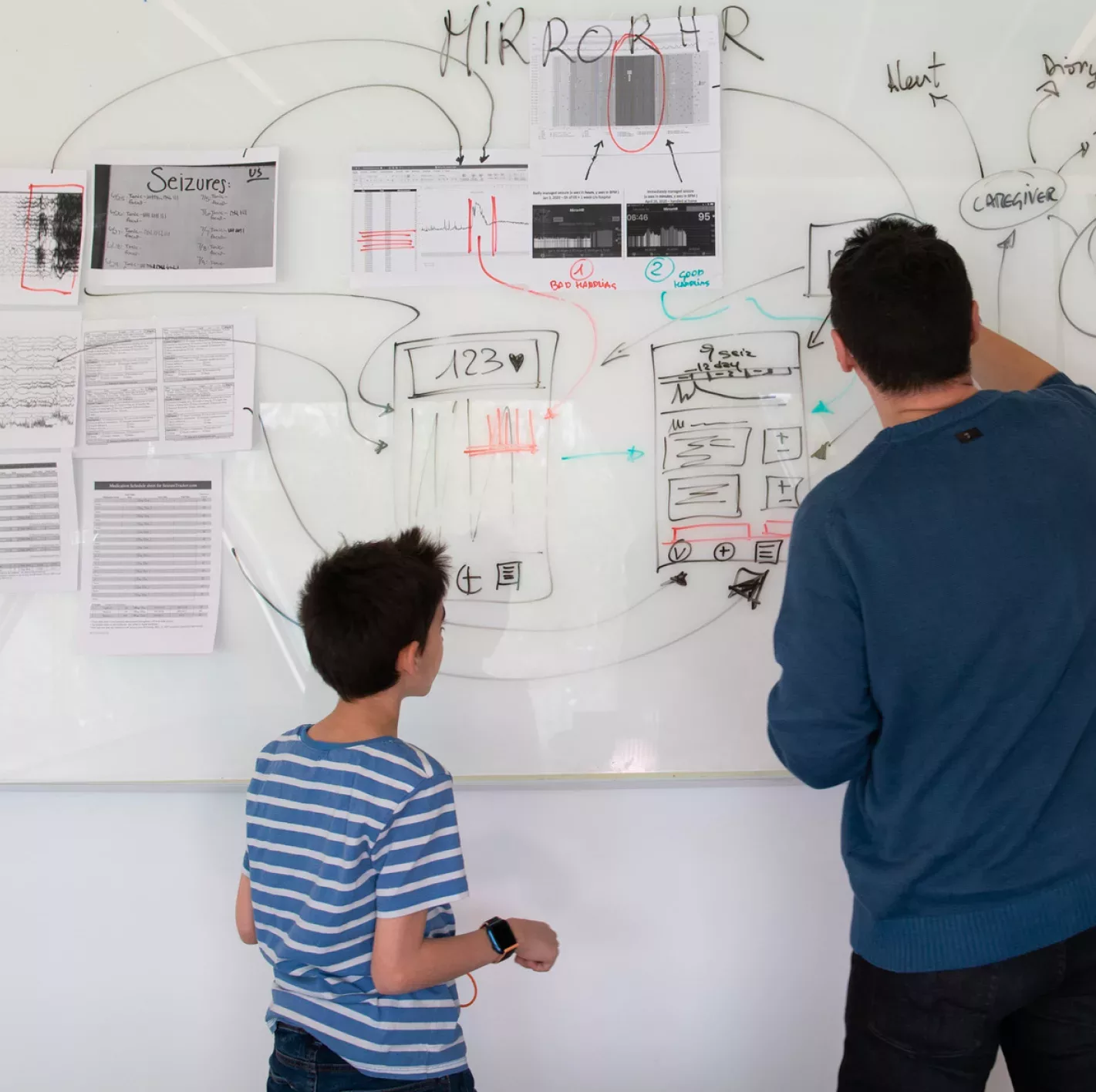A man and a boy standing in front of a white board.