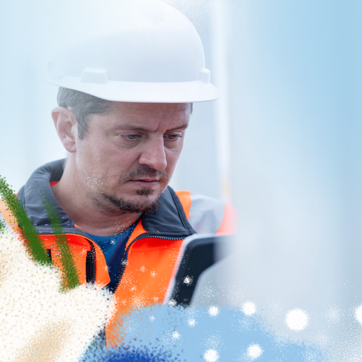 A construction worker in a reflective vest and white helmet focused on checking a mobile device.