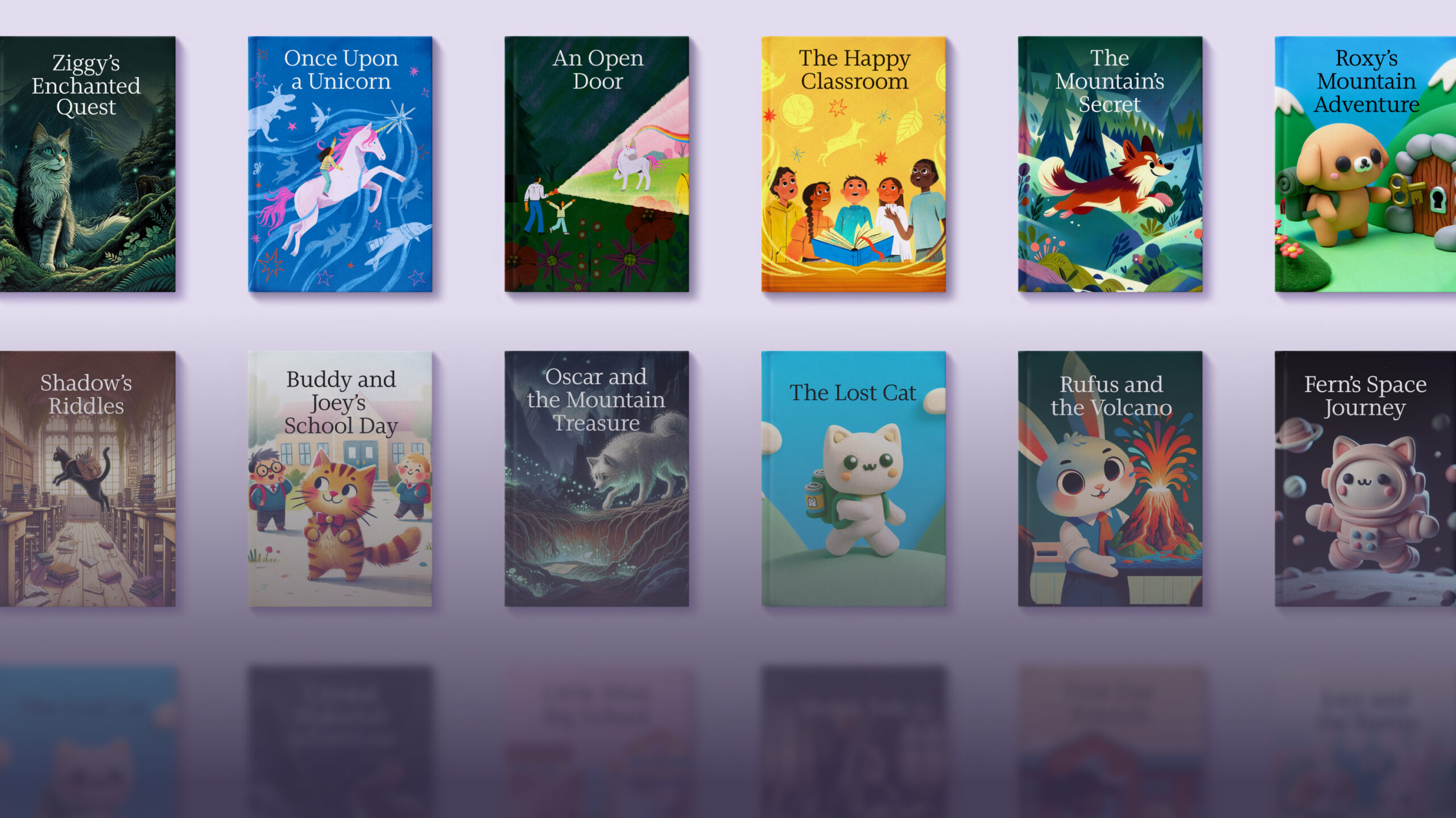 A display of twelve illustrated children's book covers featuring various themes and characters, including animals, fantasy, and adventure.