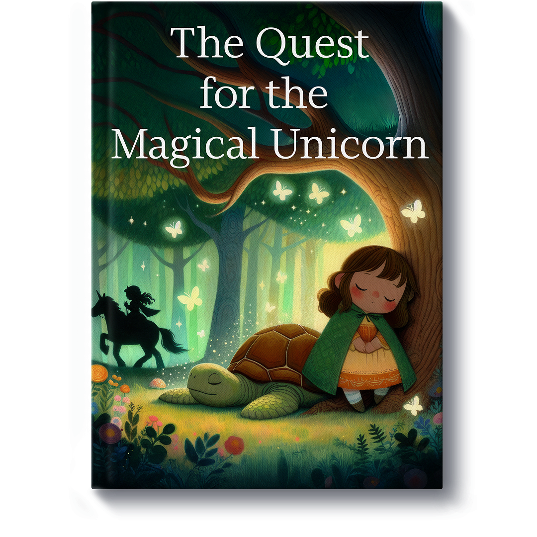 A book cover titled “The Quest for the Magical Unicorn,” featuring a girl and turtle resting under a tree with a silhouette of a rider on a unicorn in a forest.