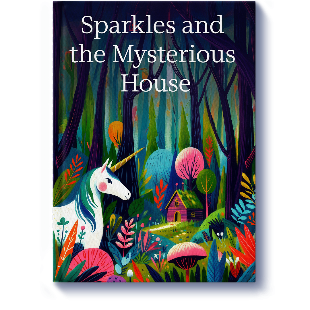A book cover titled “Sparkles and the Mysterious House,” featuring a white unicorn with a green and blue mane in a colorful forest with a small house in the background