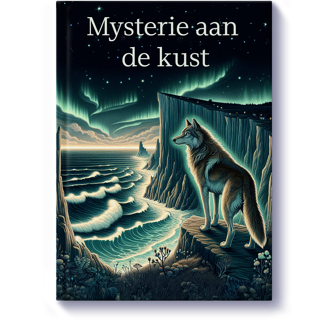 A book cover titled “Mysterie aan de kust,” with a wolf standing on a cliff overlooking the ocean and the northern lights in the sky