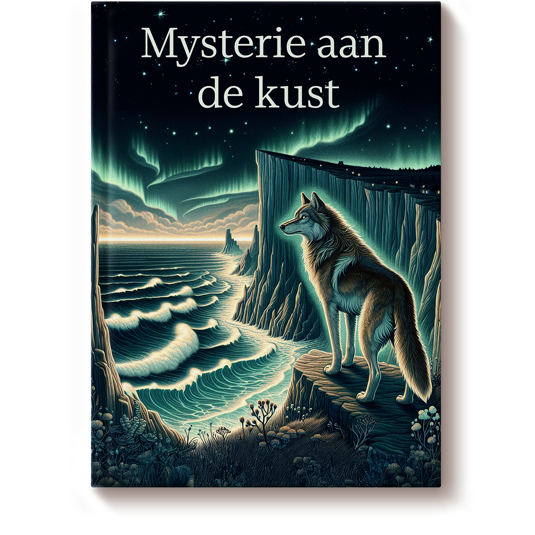 A book cover titled “Mysterie aan de kust,” with a wolf standing on a cliff overlooking the ocean and the northern lights in the sky