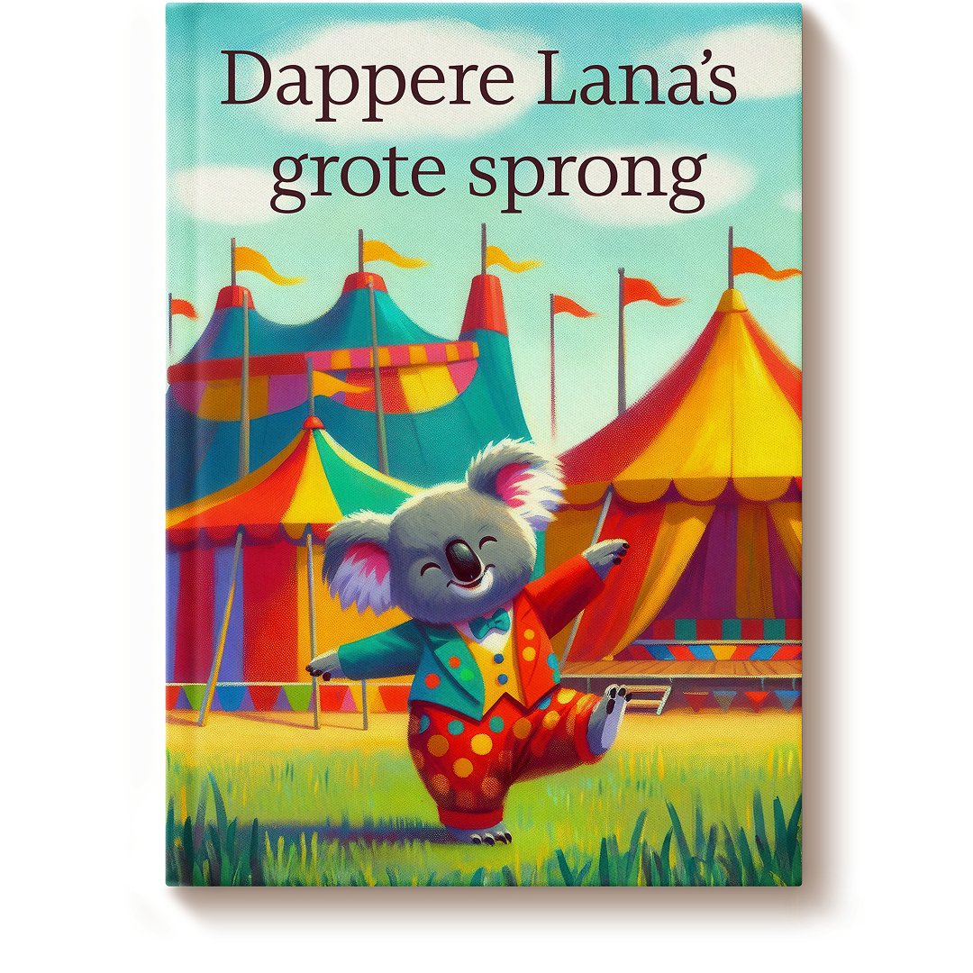 A book cover titled “Dappere Lana’s grote sprong,” with a cheerful koala in a multicolored circus outfit dancing in front of circus tents