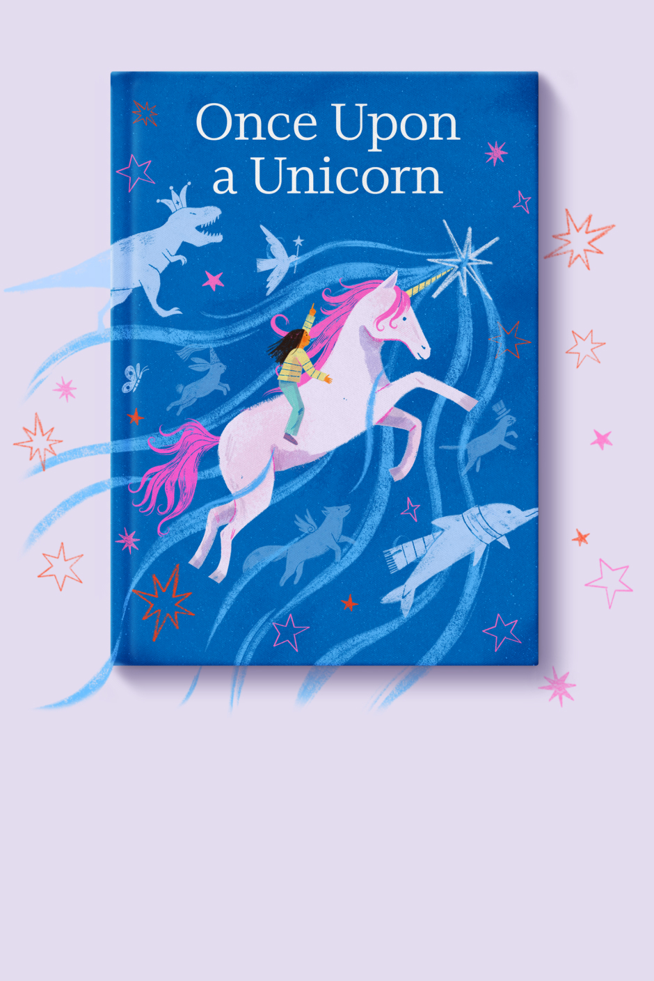 Book cover titled "Once Upon a Unicorn" featuring a girl riding a unicorn, surrounded by various flying mythical creatures on a blue background with star decorations.