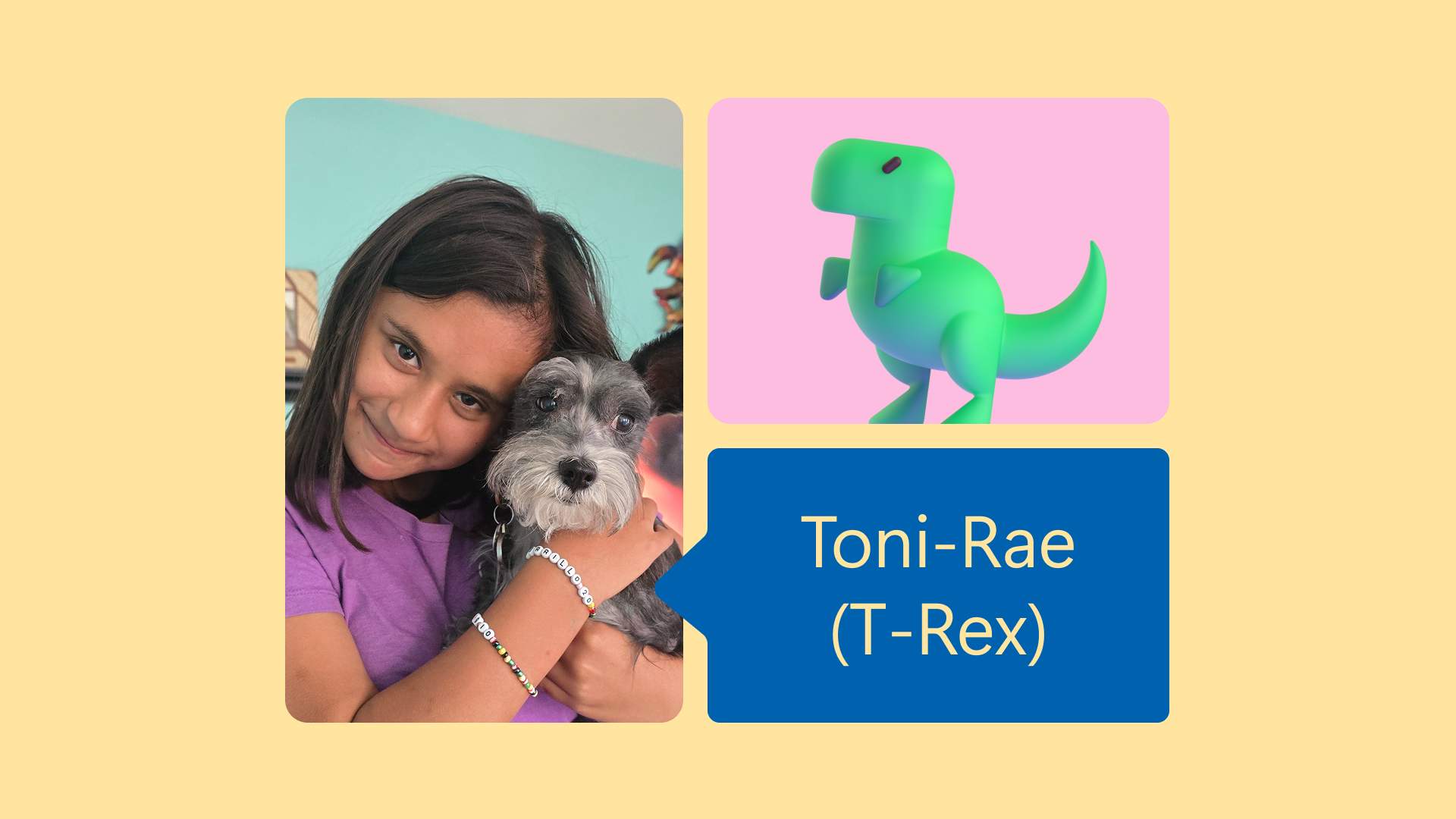 A girl in a purple shirt hugs a gray dog on the left. On the right, a green cartoon dinosaur on a pink background. Below, text reads: "Toni-Rae (T-Rex).
