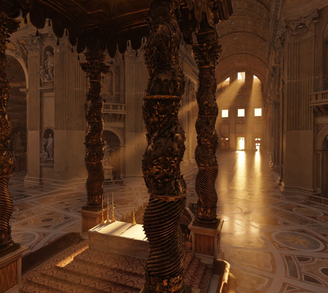 Ornate interior of a grand cathedral featuring twisted columns, intricate carvings, and soft sunlight streaming through large windows.