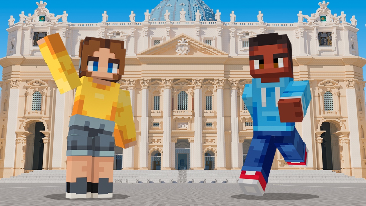 Two blocky characters in front of a large, detailed building resembling Renaissance architecture, set in a bright, clear day in a stylized digital environment.