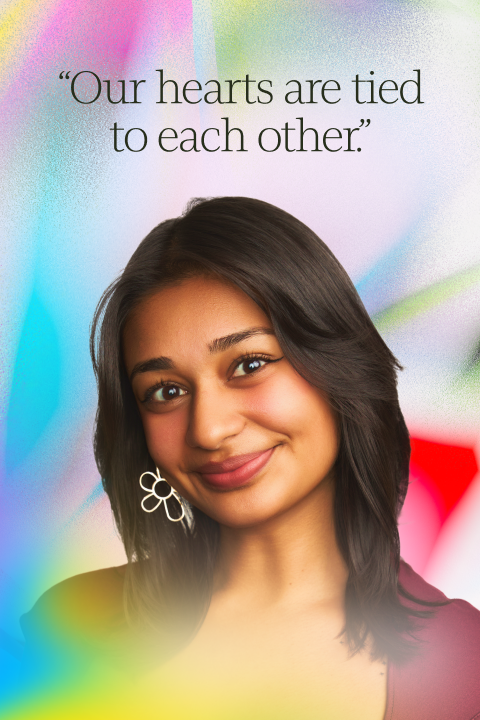 A woman with dark hair smiles at the camera against a colorful, blurred background. Text above her reads, “Our hearts are tied to each other.”.