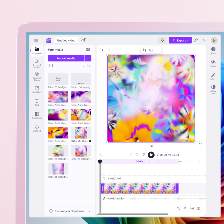 A computer screen displays a video editing software interface with a colorful abstract image and editing timeline visible.