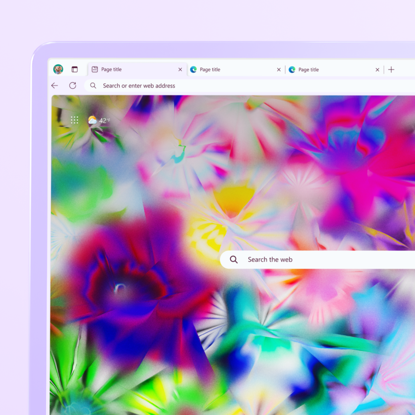 A web browser window with three open tabs displaying “Page title,” and a colorful, abstract background with a search bar in the center.