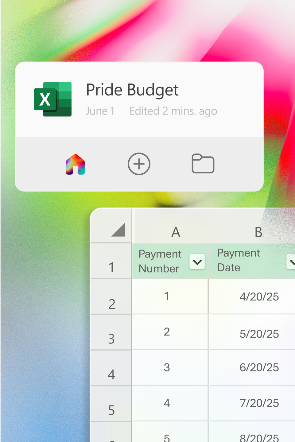 A digital spreadsheet titled "Pride Budget" is open, showing a table with columns for payment number and payment date.