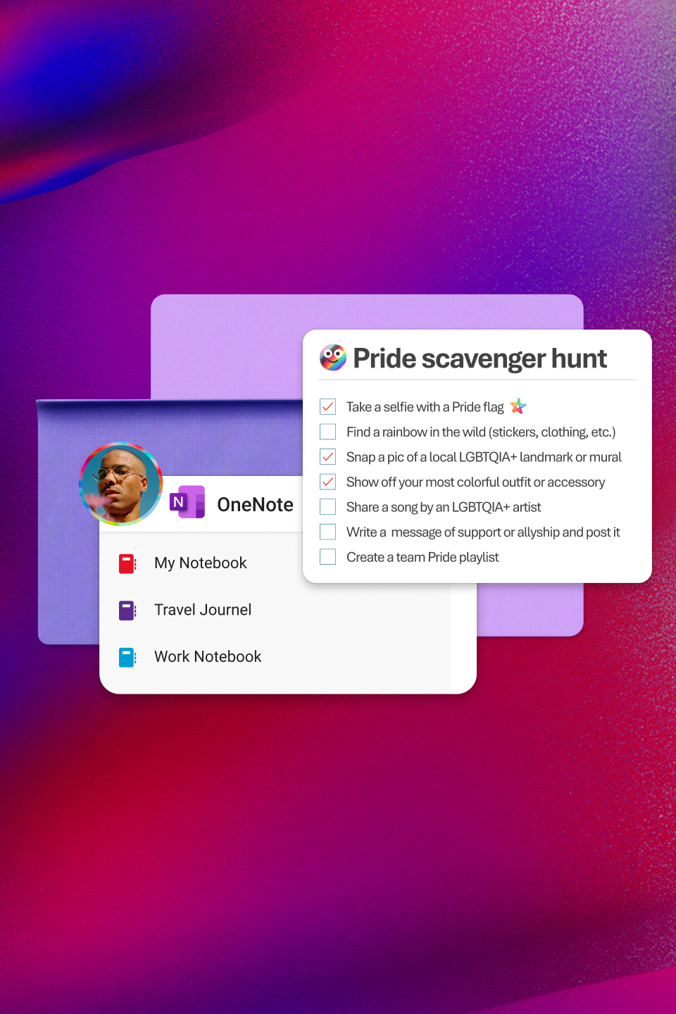 A digital Pride scavenger hunt checklist and a Microsoft OneNote window with three notebooks are displayed on a colorful purple background.