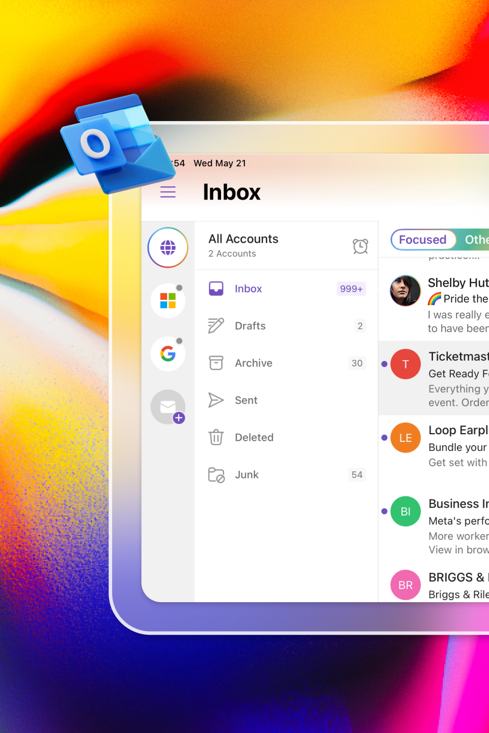 Screenshot of the Outlook email inbox interface showing unread messages and navigation options, with the Outlook logo in the top left corner.