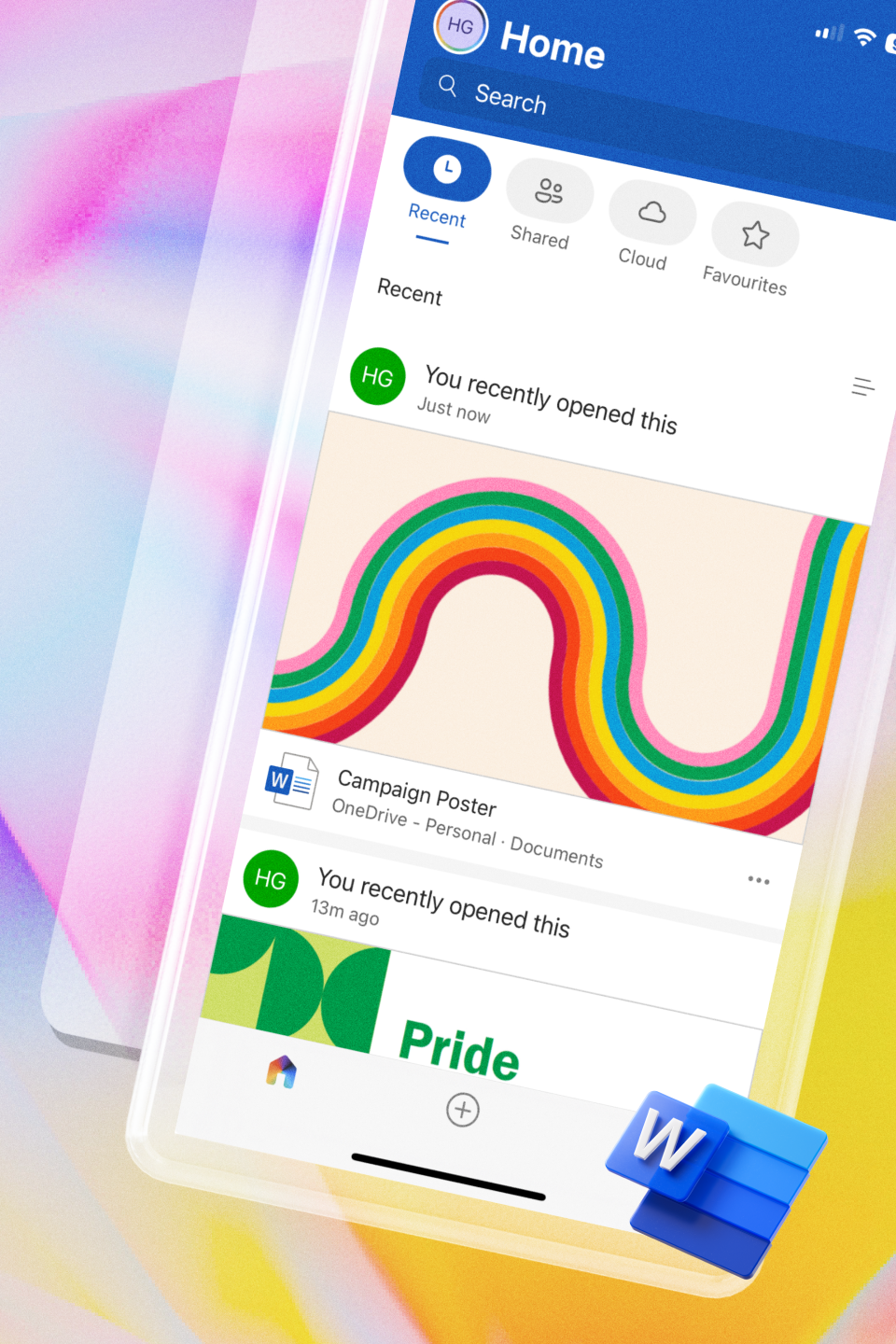 Smartphone screen showing a file management app with recent documents, including a rainbow graphic and a Pride poster; Microsoft Word icon is in the corner.