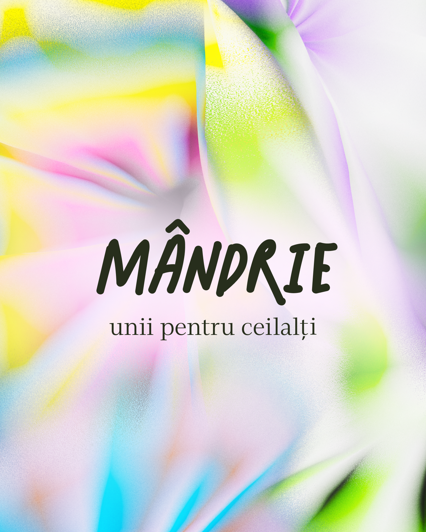 Text "MÂNDRIE unii pentru ceilalți" on a pastel, abstract background with blurred colors of yellow, green, purple, and blue.