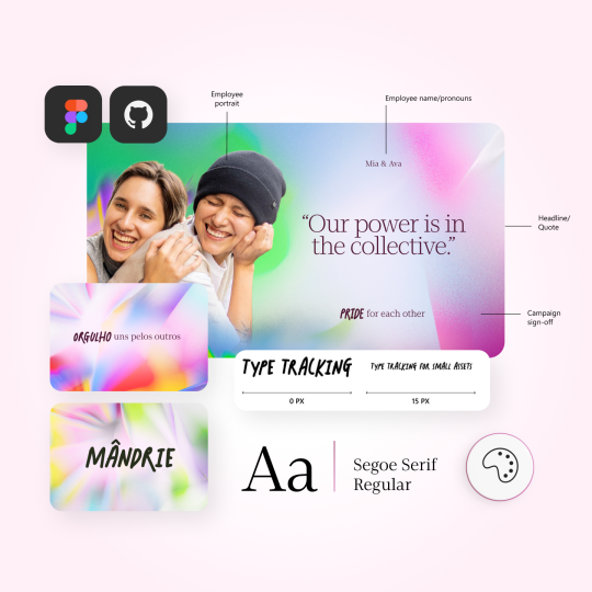 A design mood board featuring employee portraits, colorful backgrounds, typography samples, and text emphasizing collective pride and inclusivity.