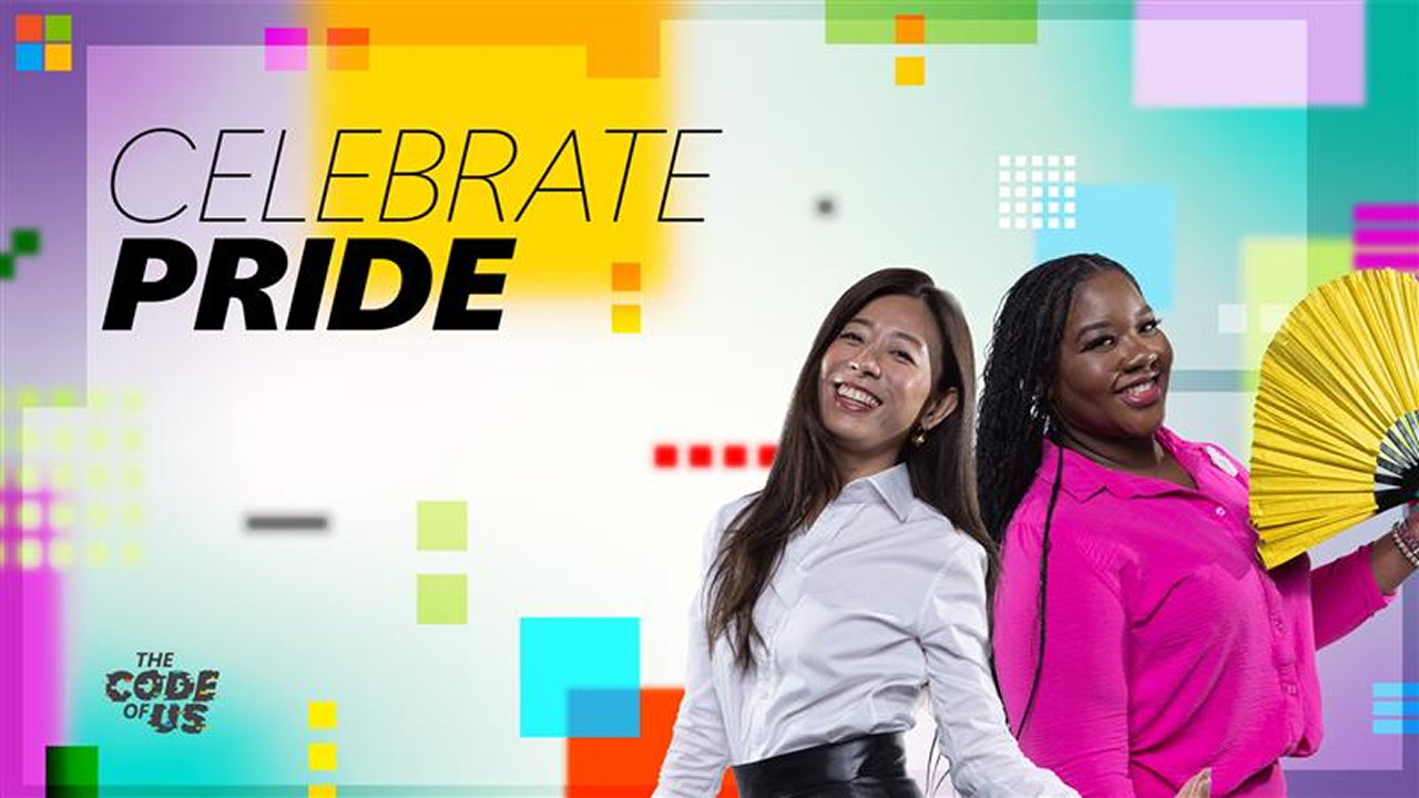 Two people smiling and posing against a colorful, pixelated background with the text "Celebrate Pride" displayed beside them.