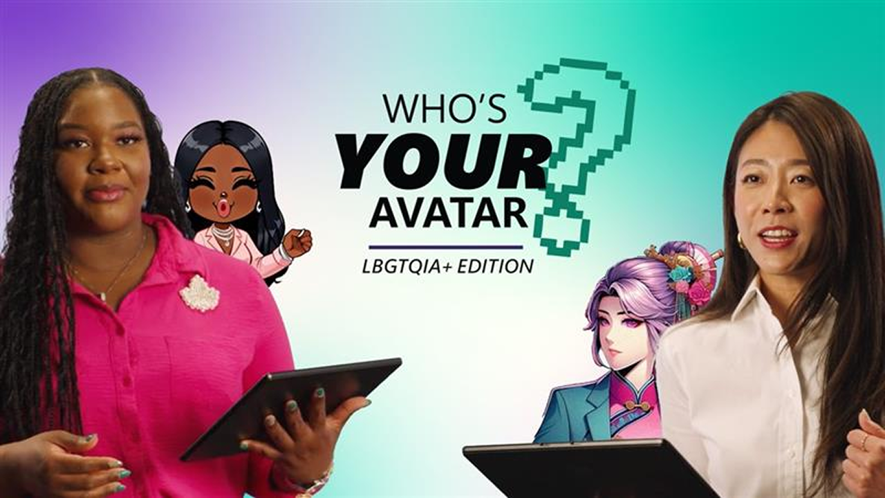Two women holding tablets stand beside illustrated avatars, with the text "Who's Your Avatar? LBGTQIA+ Edition" on a gradient background.