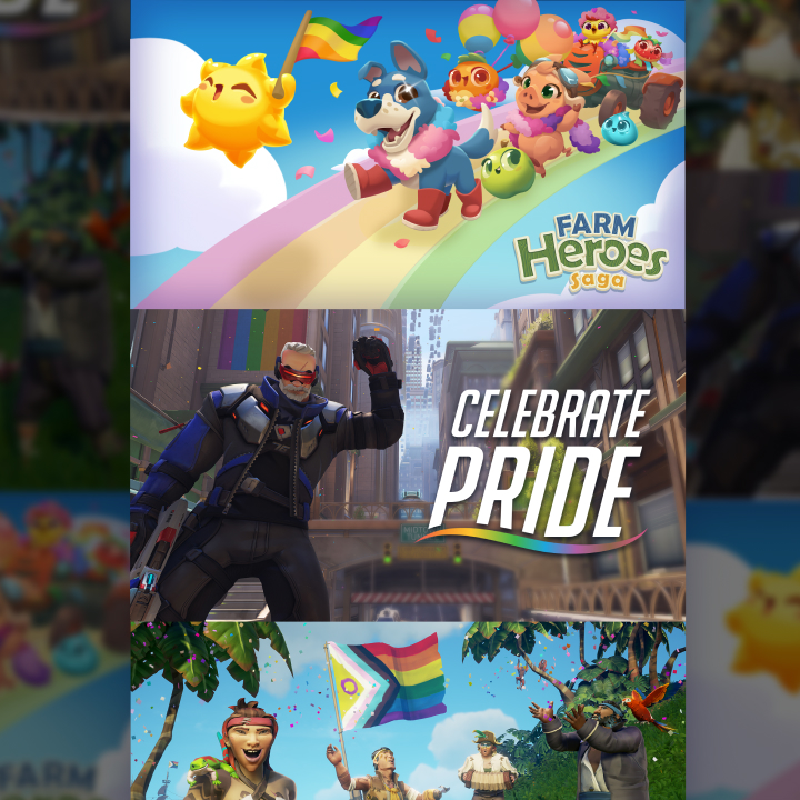 Collage of three video game scenes featuring characters celebrating Pride with rainbow flags and festive backgrounds.