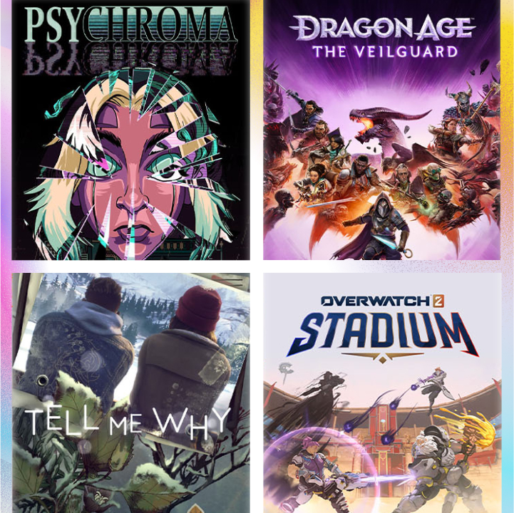 A collage of four video game covers: Psychroma, Dragon Age The Veilguard, Tell Me Why, and Overwatch 2 Stadium.