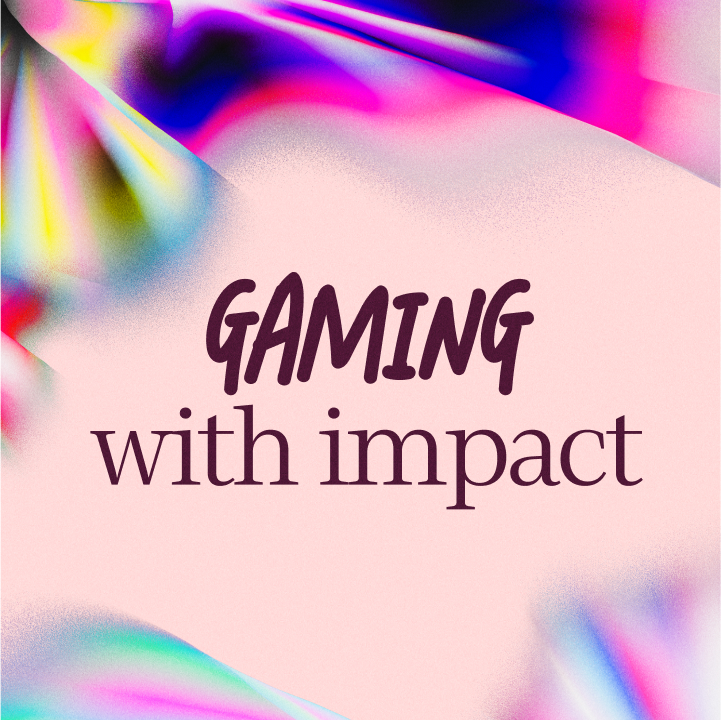 Text reads "GAMING with impact" on a soft pink background with colorful, abstract light patterns in the corners.