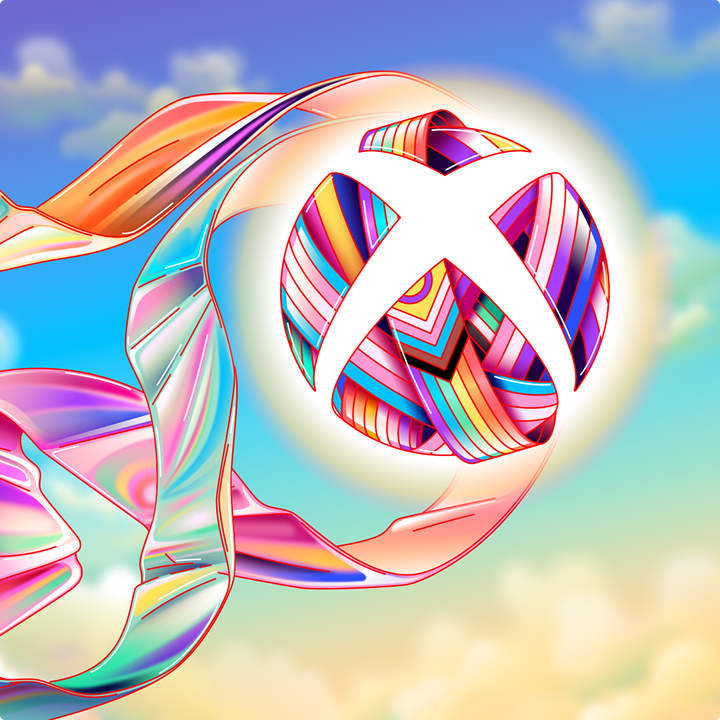Colorful ribbon forms a spherical shape with an Xbox logo in the center against a bright, cloudy sky background.